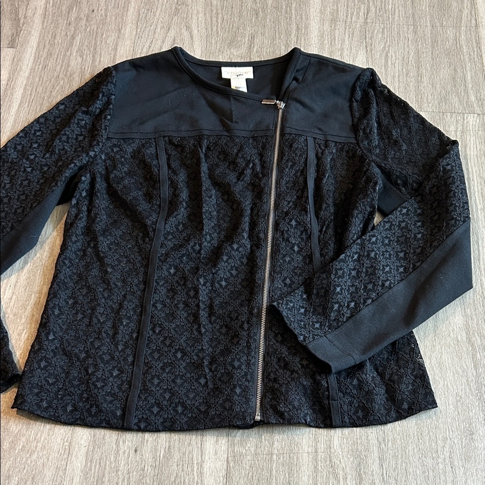 Chico's Navy Textured Blazer with Asymmetrical Zipper - Picture 1 of 6